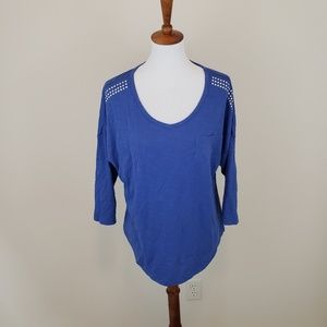 Chico's Blue Long Sleeve Shirt Cotton Studded Top Size 1 Scoopneck Loose